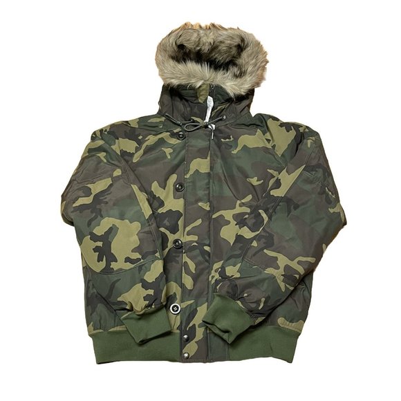 Polo Ralph Lauren Glissade Faux Fur Hooded Down Bomber Jacket Camo Men’s Size XL